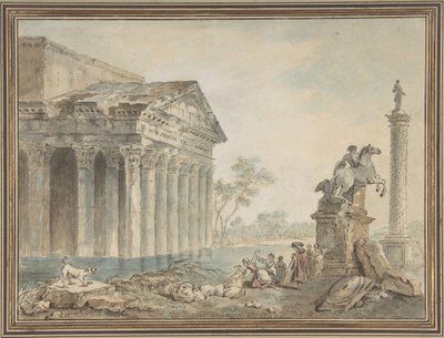 Capricho arquitectónico con monumentos romanos y lavanderas de Manner of Hubert Robert