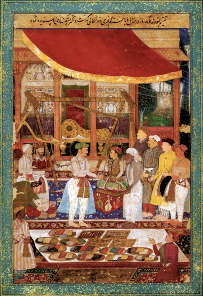 El emperador Jahangir pesa al príncipe Khurram en oro, c. 1610-1615 (miniatura) de Manohar Manohar