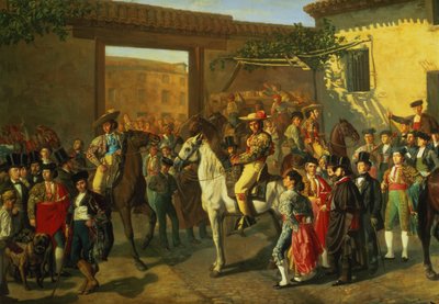 Caballos en un patio junto a la plaza de toros antes de la corrida, Madrid, 1853 (detalle) de Manuel Castellano