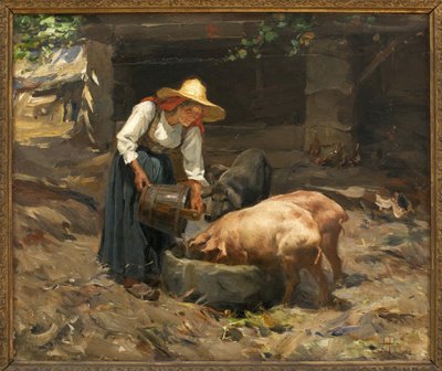 Le repas des pigs; Pintura de Manuel Henrique Pinto (1853-1912), óleo sobre madera de Manuel Henrique Pinto