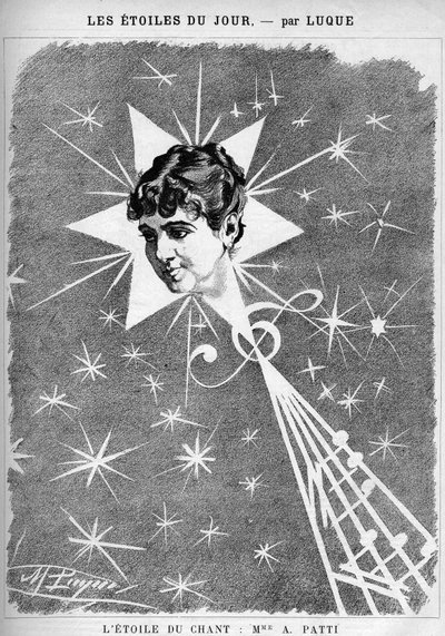 Adelina Patti (1843-1919), cantante italiana. “La estrella del canto”, caricatura del dibujante Manuel Luque. En “La Caricatura” de 1886 de Manuel Luque
