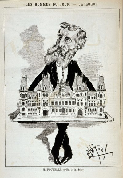 Caricatura de M. Poubelle, prefecto del Sena, llevando el Ayuntamiento de París en una bandeja - Dibujo de Luque, en “La Caricature” del 13/08/1887 de Manuel Luque