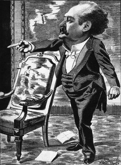 José Dupuis (1831-1900), actor, comediante de fantasía. Caricatura del dibujante Manuel Luque. En “La Caricatura” de 1886 de Manuel Luque