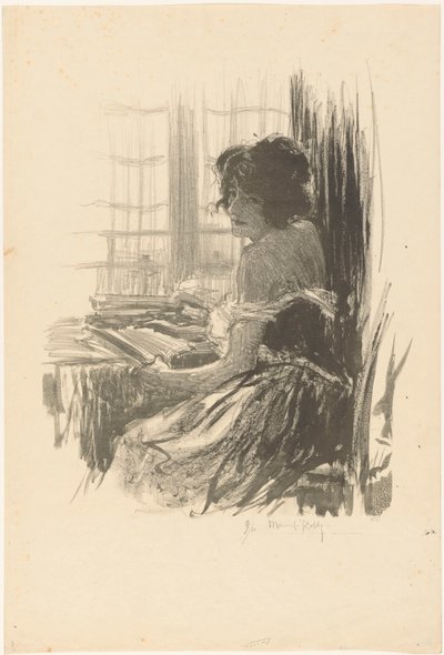Mujer leyendo detrás de una mesa frente a la ventana de Manuel Robbe (signed by artist)