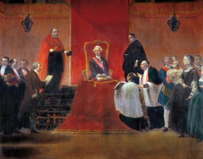 Carlos III tomando posesión de la canonjía de Barcelona en 1759, detalle de Manuel Tramulles