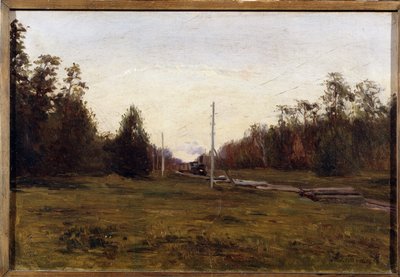 Paisaje con un tren. Pintura de Manuil Christoforovich Aladzhalov (1862-1934). Óleo sobre cartón, 29,5 x 43,5 cm. El arte ruso de principios del siglo XX. Museo de Arte Regional, Plyos. FineArtImage/Leemage de Manuil Christoforovich Aladzhalov