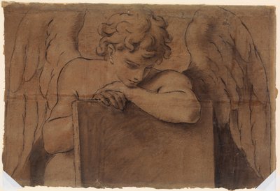 Fragmento de caricatura para ángel adolescente apoyado en una tableta o libro cerrado, ca. 1690-95 de Marc Antonio Franceschini