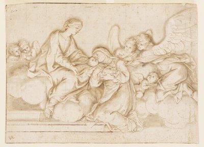 Diseño para una Pintura Mural Monocromática, Iglesia de Corpus Domini, Bolonia, Italia, Santa Caterina Vigri Recibe al Niño de la Virgen de Marc Antonio Franceschini