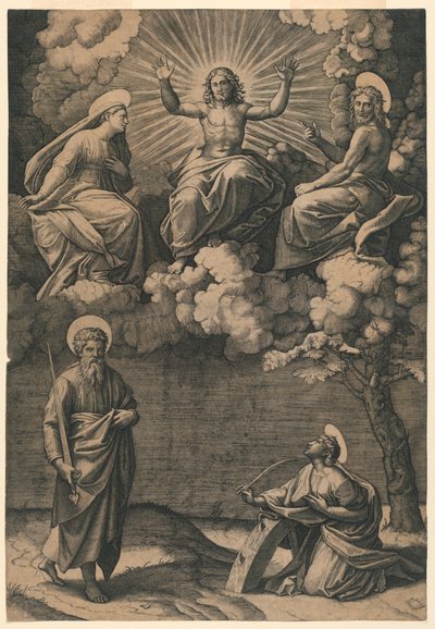 Jesucristo, la Virgen y San Juan Bautista con los Santos Pablo y Catalina de Marc Antonio Raimondi
