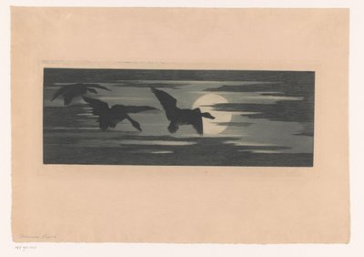 Tres patos migrando junto al sol poniente de Marc Henry Meunier (attributed to)