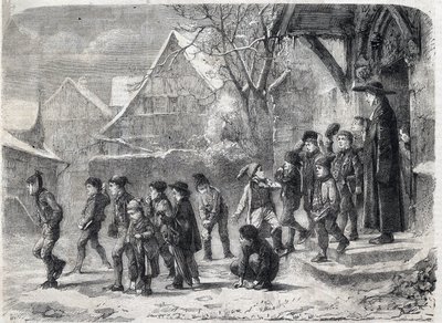 Salida de la escuela en invierno. Grabado después de una pintura de M. B. Vautier en 