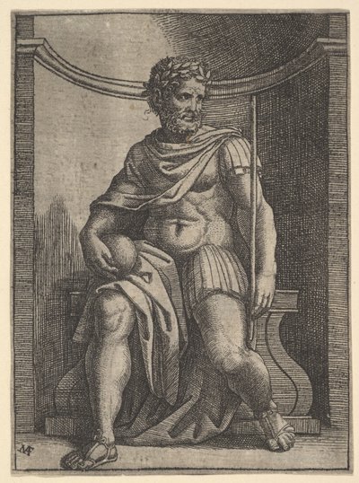 Un emperador romano sentado en un nicho sosteniendo un globo y un cetro y mirando hacia su... de Marcantonio Raimondi