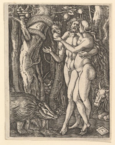 Adán y Eva con manzana y serpiente de Marcantonio Raimondi