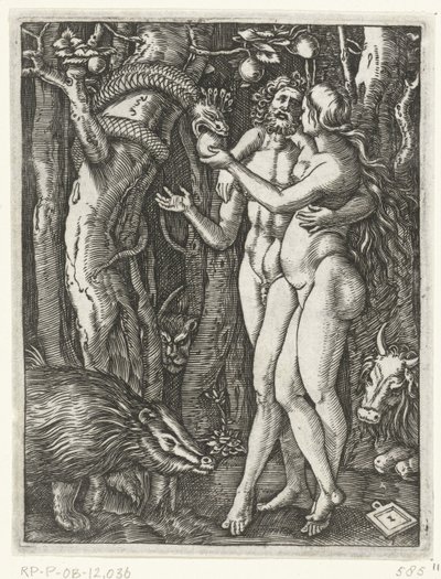 Adán y Eva en la Caída en el Paraíso Pasión de Cristo (título de la serie) de Marcantonio Raimondi