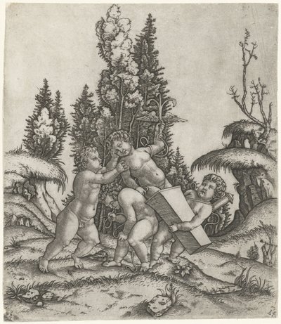 Amor y dos putti o niños llevan una estatua de un putti con un ancla alada sobre un pedestal de Marcantonio Raimondi