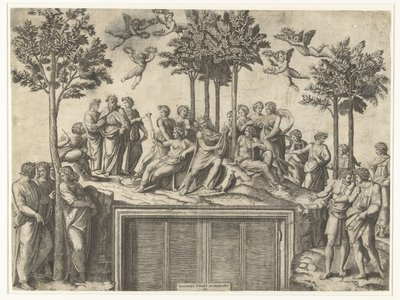 Apolo y las musas en el monte Parnaso de Marcantonio Raimondi