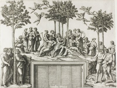 Apolo en el Parnaso, rodeado de las Musas y Poetas de Marcantonio Raimondi