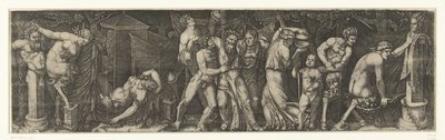 Bacanal con un Baco borracho y sátiros y ménades de Marcantonio Raimondi