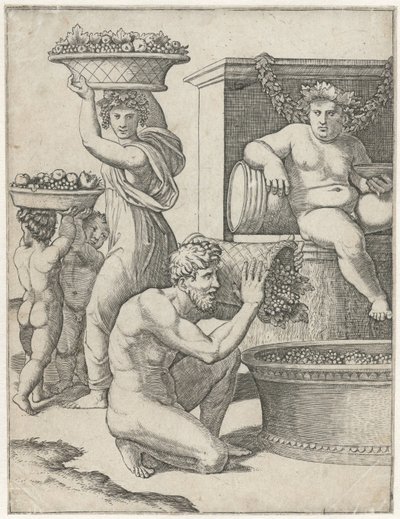 Baco observa a un hombre, una mujer y dos niños que llevan cestas de uvas para preparar el vino
Preparación del vino de Marcantonio Raimondi