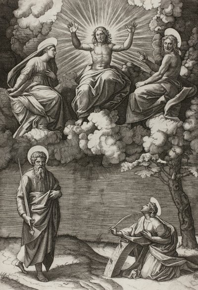 Cristo, la Virgen y San Juan Bautista con los santos Pablo y Catalina de Marcantonio Raimondi
