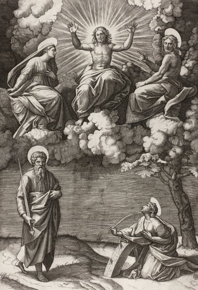 Cristo, la Virgen y San Juan Bautista con los Santos Pablo y Catalina de Marcantonio Raimondi