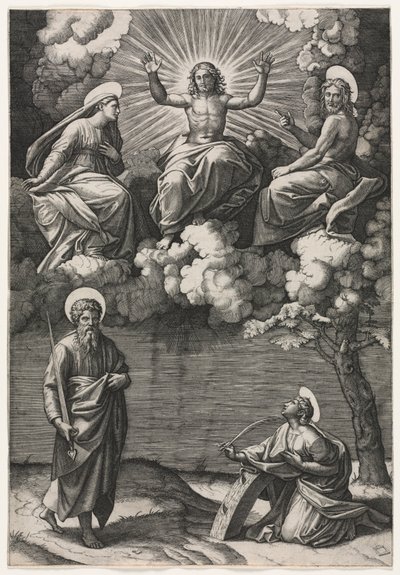 Cristo, la Virgen y San Juan Bautista con los Santos Pablo y Catalina, c. 1520-1525 de Marcantonio Raimondi