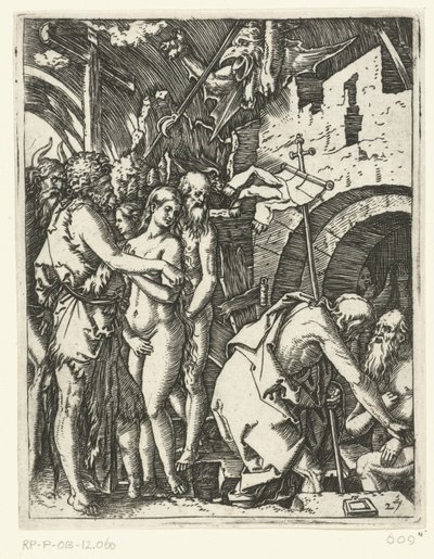 Cristo sale del infierno y libera a los patriarcas y profetas y a otros
Pasión de Cristo (título de la serie) de Marcantonio Raimondi
