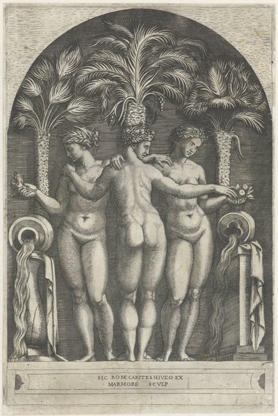 Tres Gracias de pie en un nicho frente a tres palmeras y flanqueadas por cántaros de los que brota agua. de Marcantonio Raimondi
