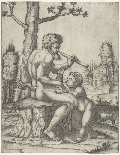 Fauno con flauta juega con niño de Marcantonio Raimondi