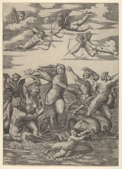 Galatea en un carro de agua tirado por dos delfines de Marcantonio Raimondi