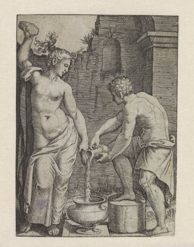 Mujer semidesnuda se lava con esponjas y sirviente vierte agua en barril Mujer con las dos esponjas de Marcantonio Raimondi