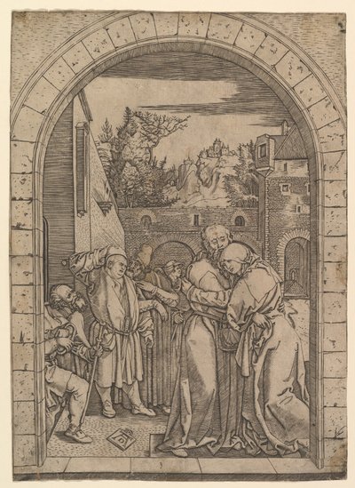 Joaquín abrazando a Santa Ana bajo la puerta dorada en Jerusalén, después de Durero de Marcantonio Raimondi