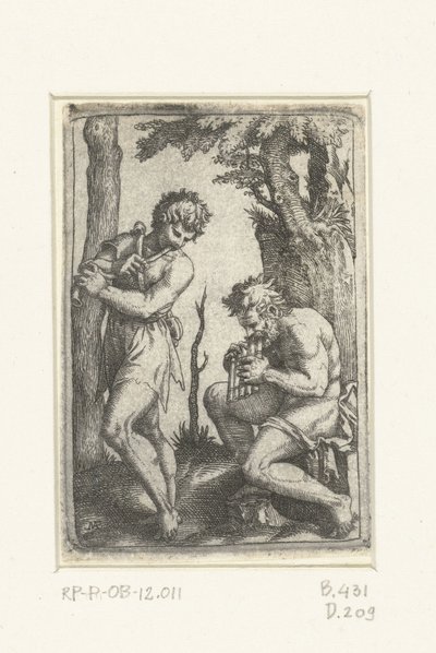 Pastor joven con chirimía y pastor viejo con flauta de pan de Marcantonio Raimondi