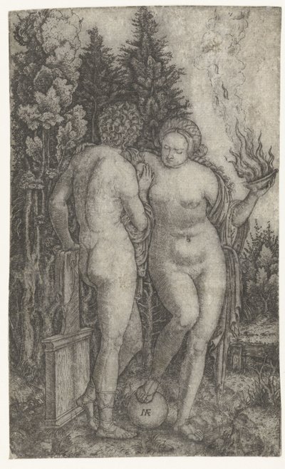 Joven protegido por mujer con globo terráqueo y cuenco de ofrendas como personificación de la Fortuna (Fortuna) de Marcantonio Raimondi