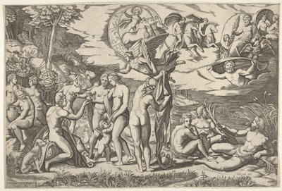 Juicio de Paris: Paris extiende su mano hacia Venus, quien está entre Juno y... de Marcantonio Raimondi