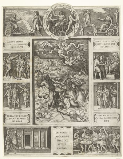 Júpiter calma la tormenta en el mar en marco rectangular con nueve escenas de la épica Eneida de Marcantonio Raimondi