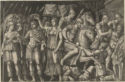 El emperador Trajano coronado por Victoria junto a la personificación femenina de Roma y los romanos en la batalla con los dacios. de Marcantonio Raimondi