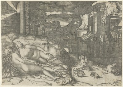 Paisaje con dos mujeres dormidas desnudas y animales de fantasía en un banco cerca del agua con un edificio en llamas sueño de rafael de Marcantonio Raimondi