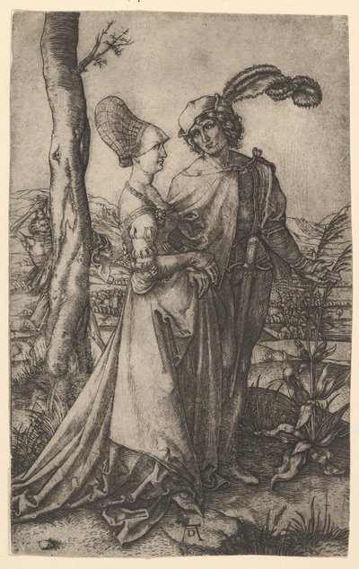 Señor y señora caminando con la figura de la muerte escondida detrás de un árbol, sosteniendo un reloj de arena, ca. 1500-1534 de Marcantonio Raimondi