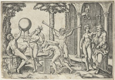 Hombre con dos trompetas y hombre con piedra en la espalda flanqueado por hombre y mujer con globo terráqueo y anciano y joven de Marcantonio Raimondi