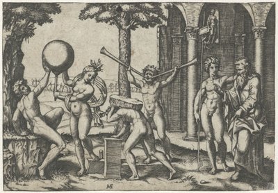 Hombre con dos trompetas y hombre con piedra en la espalda flanqueados por hombre y mujer con globo terráqueo y anciano y joven de Marcantonio Raimondi