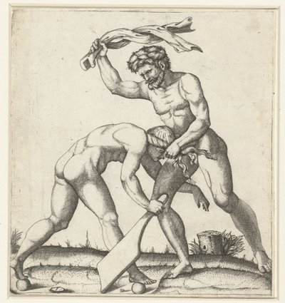 Hombre peleando contra mujer como personificación de la Fortuna (Fortuna) de Marcantonio Raimondi