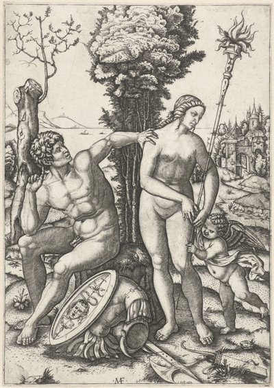 Marte y Venus como pareja amorosa con Amor de Marcantonio Raimondi