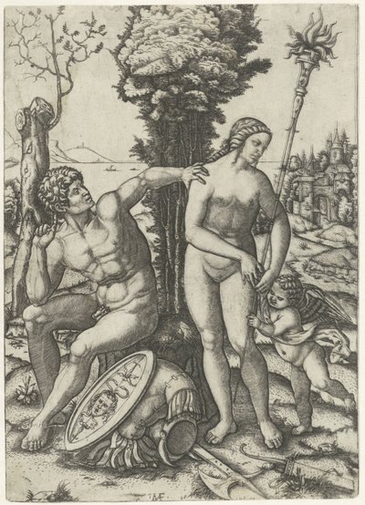 Marte y Venus como pareja amorosa con Amor de Marcantonio Raimondi