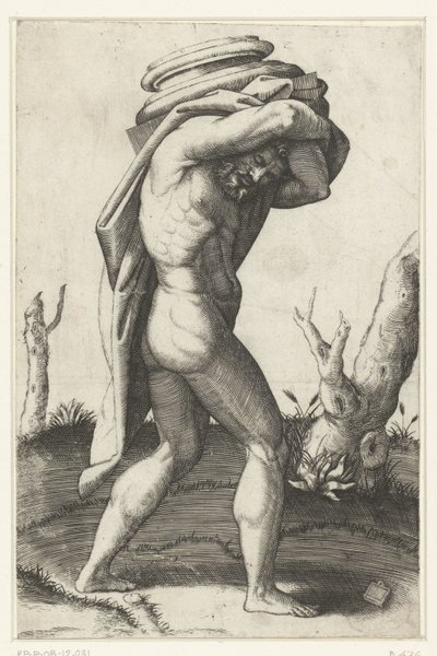 Un hombre desnudo lleva la base de la columna a la espalda de Marcantonio Raimondi