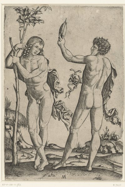 hombre desnudo, reclinado, contra, árbol, y, hombre desnudo, con, espejo, y, dos, serpientes de Marcantonio Raimondi