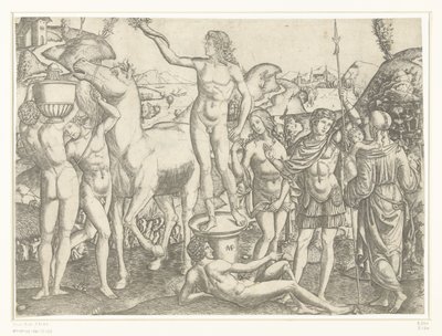 Hombre desnudo con antorcha se para en un pedestal rodeado de hombres desnudos con caballo y jarrón y soldado flanqueado por virtudes Prudencia y Amor de Marcantonio Raimondi