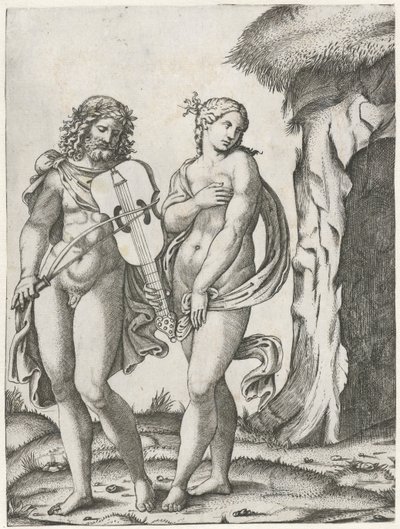 Orfeo toca la viola antes de que Eurídice vaya al inframundo de Marcantonio Raimondi