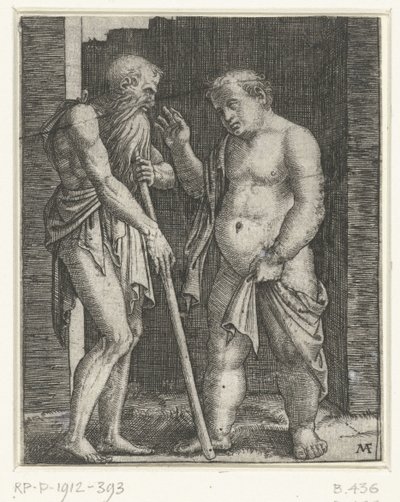 Viejo apoyado en palo y gesticulando joven gordo de Marcantonio Raimondi