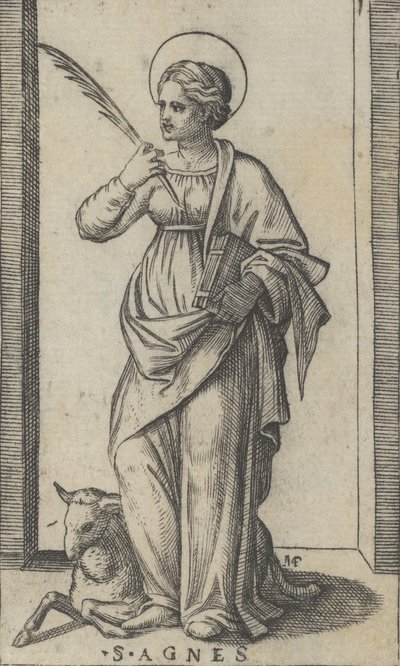 Santa Inés de pie sosteniendo una palma en su mano derecha, una oveja abajo a la izquierda, ca. 1500-1527 de Marcantonio Raimondi